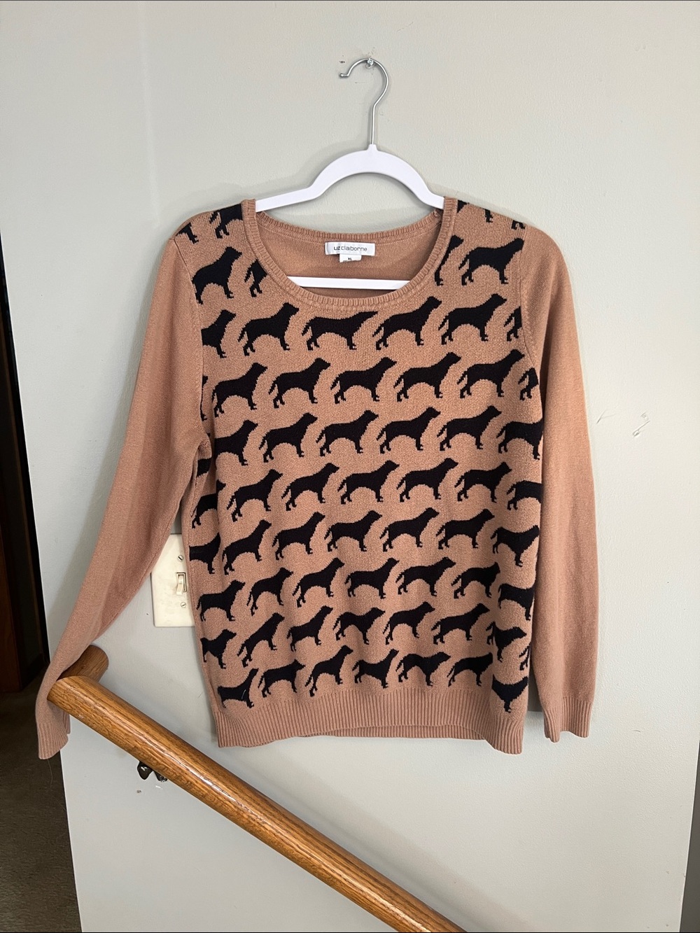 Liz Claiborne Tan Crewneck Sweater with Black Dog Motif